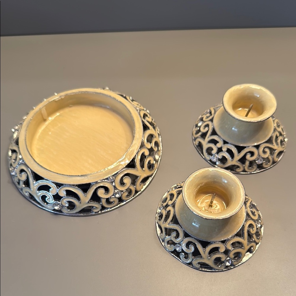 Elegant Cream Enamel and Silver Unity Candle Holder Set for Weddings